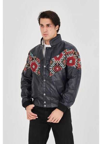 Erkek Içi Astarlı Içten Yaka Kısmı Peluşlu Suni Kumaş Vintage Ceket - Lacivert modelleri