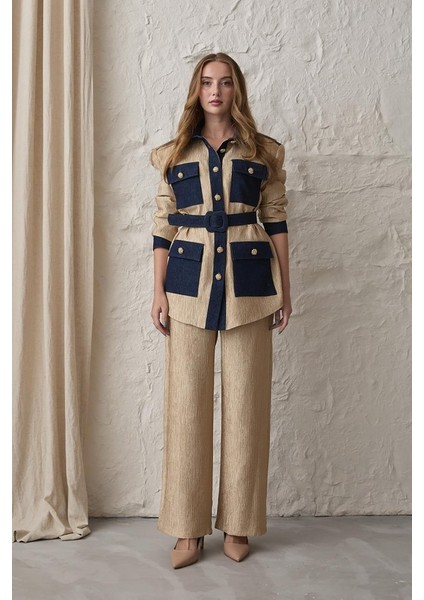 Sarı Garnili Cepli Gömlek ve Pantolon Takım