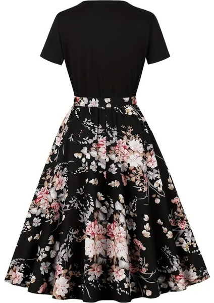 Kadın Kısa Kollu Bisiklet Yaka Çiçek Desenli Üst Viskon Alt Süprem Kısa Elbise fırsatları