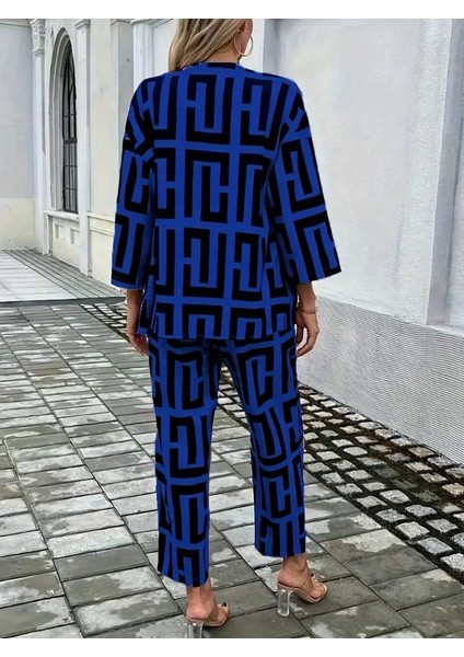 Kadın Uzun Kollu Önü Açık Desenli Iki Iplik Ceket ve Pantolon Ikili Takım modelleri