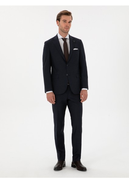 Erkek Lacivert Slim Fit Mikro Desenli Mono Yaka Yün Karışımlı Takım Elbise 50311134-VR033