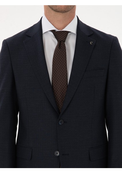 Erkek Lacivert Slim Fit Mikro Desenli Mono Yaka Yün Karışımlı Takım Elbise 50311134-VR033