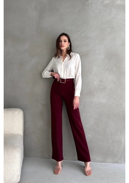 Kadın Yüksek Bel Krep Kumaş Full Likralı Ispanyol Paça Kemer Dahil Pantolon