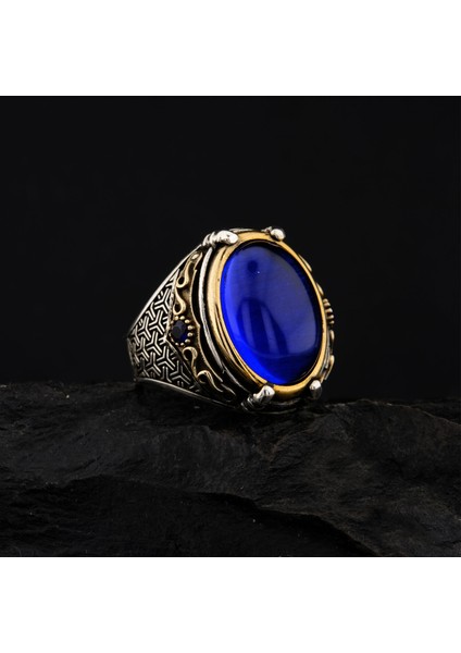 925 Ayar Gümüş Mavi Zirkon Taşlı Kartal Pençesi Detaylı Erkek Yüzük