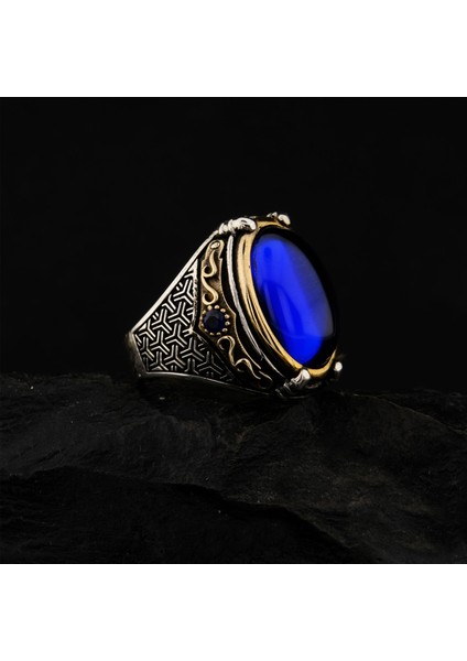 925 Ayar Gümüş Mavi Zirkon Taşlı Kartal Pençesi Detaylı Erkek Yüzük fırsatları