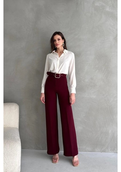 Kadın Yüksek Bel Krep Kumaş Full Likralı Ispanyol Paça Kemer Dahil Pantolon fırsatları