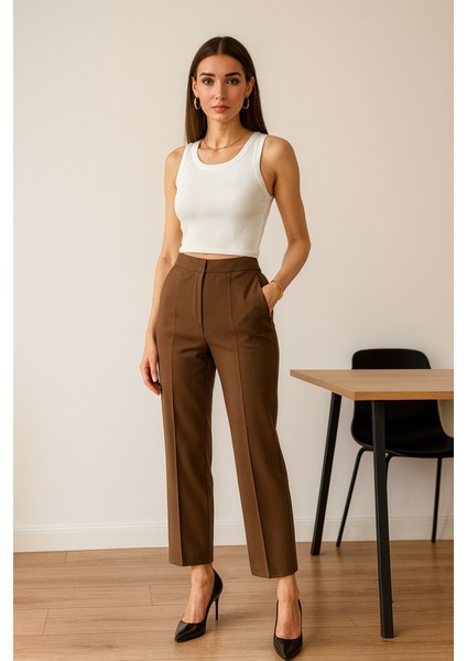 Poly Viscose Yüksek Bel Pervazli Pantolon