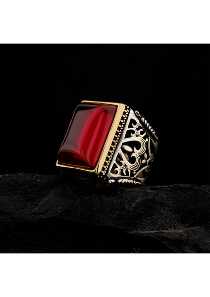 925 Ayar Gümüş Kırmızı Lal Taşlı Erkek Yüzük – Osmanlı Motifli Büyük Tasarım