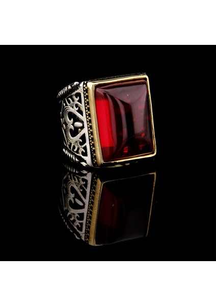 925 Ayar Gümüş Kırmızı Lal Taşlı Erkek Yüzük – Osmanlı Motifli Büyük Tasarım modelleri