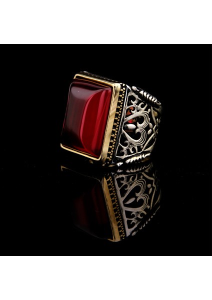 925 Ayar Gümüş Kırmızı Lal Taşlı Erkek Yüzük – Osmanlı Motifli Büyük Tasarım fırsatları