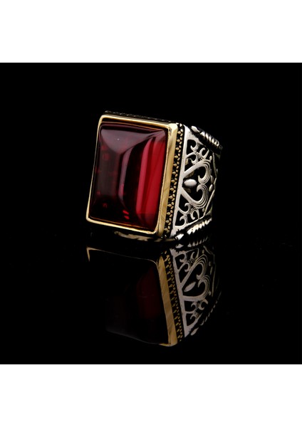 925 Ayar Gümüş Kırmızı Lal Taşlı Erkek Yüzük – Osmanlı Motifli Büyük Tasarım indirimleri