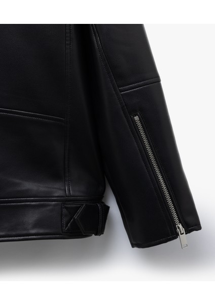 Fermuarlı Cepli Uzun Kollu Suni Deri Biker Ceket