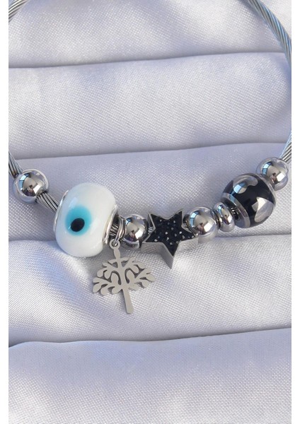316L Çelik Gümüş Renk Siyah Zirkon Taşlı Yıldız Tasarımlı Ağaç Detay Nazarlı Charm Bileklik - PRT3500EB01891 fiyatları