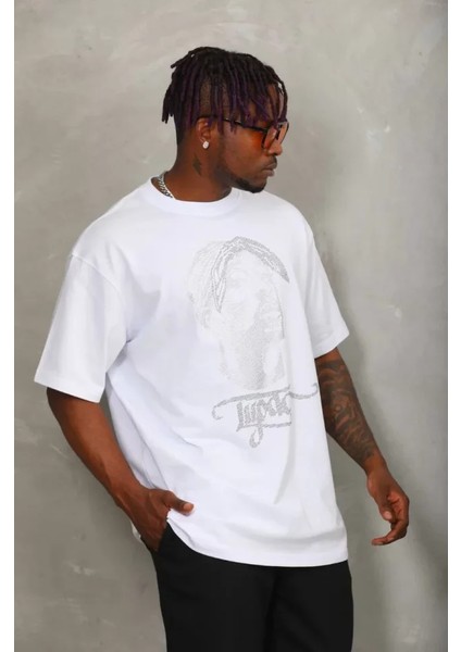Unisex Oversize Taşlı Bisiklet Yaka T-Shirt - Beyaz fiyatları
