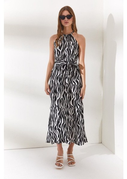 Halter Yaka Kuşaklı Dokuma Viscon Elbise fiyatları