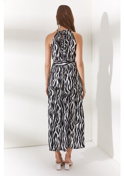 Halter Yaka Kuşaklı Dokuma Viscon Elbise modelleri