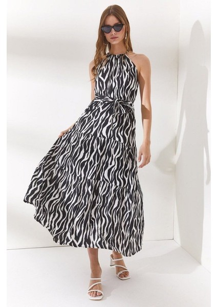 Halter Yaka Kuşaklı Dokuma Viscon Elbise fırsatları