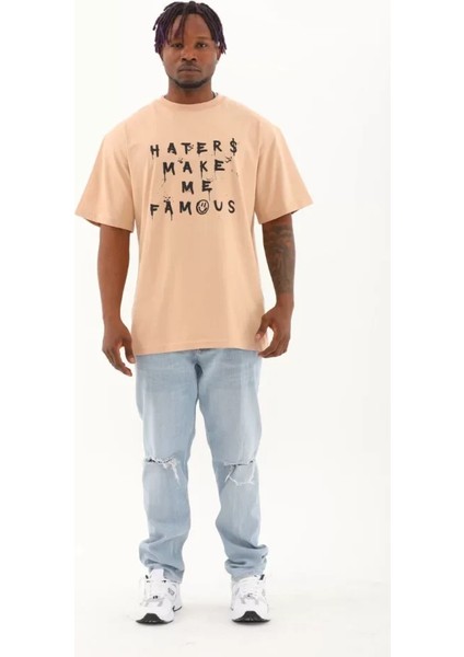 Unisex Oversize Baskılı Bisiklet Yaka T-Shirt - Bej fırsatları