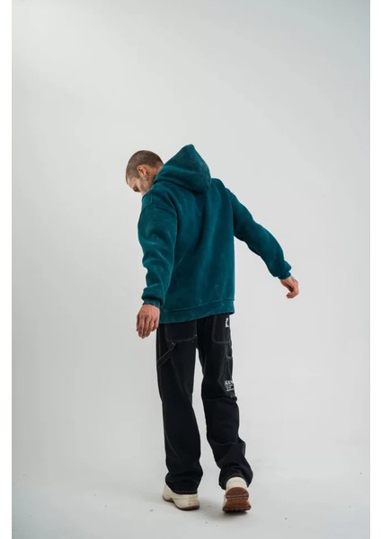 Unisex Uzun Kol Kapşonlu Yıkamalı Nakışlı Sweatshirt - Koyu Deniz Yeşili modelleri