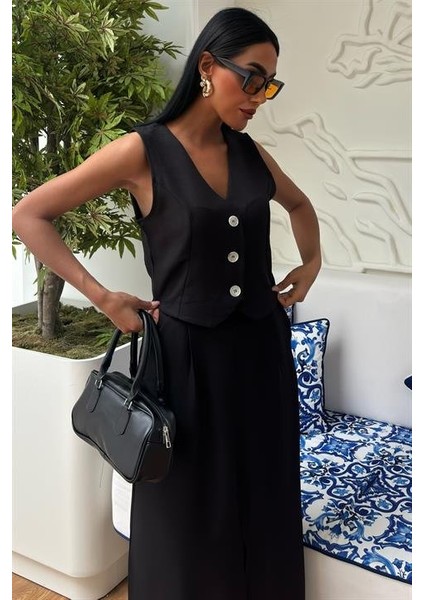 Etek Yırtmaçlı Yelekli Keten Takım 10131 indirimleri