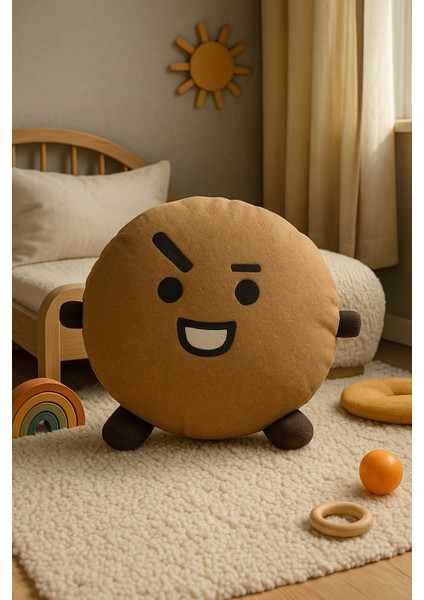 Shooky Peluş Yastık - Kahverengi Sevimli Peluş Yastık - Komik Emoji Yüzlü Karakter