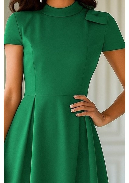 Kadın Kısa Kollu Yarı Balıkçı Yaka Pileli Janjan Krep Midi Elbise fiyatları