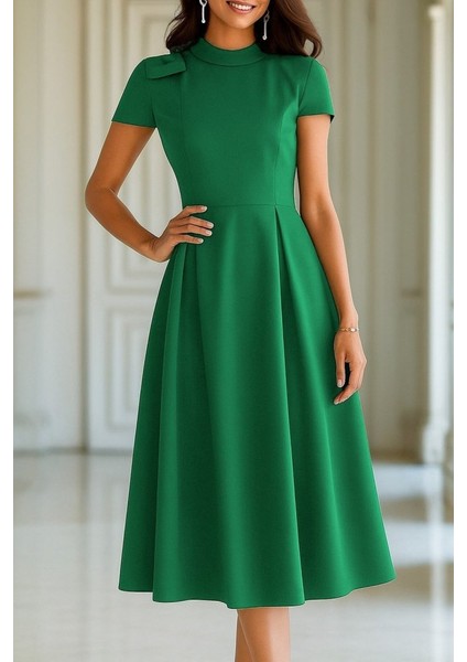 Kadın Kısa Kollu Yarı Balıkçı Yaka Pileli Janjan Krep Midi Elbise modelleri