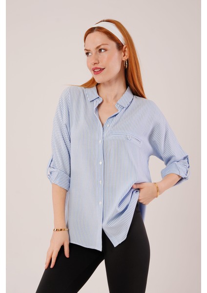 Cep Detay Çizgili Oversize Mavi Gömlek fırsatları