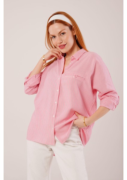 Cep Detay Çizgili Oversize Pembe Gömlek