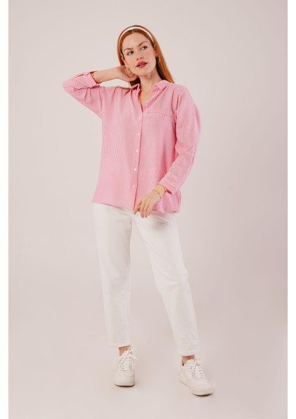 Cep Detay Çizgili Oversize Pembe Gömlek fiyatları