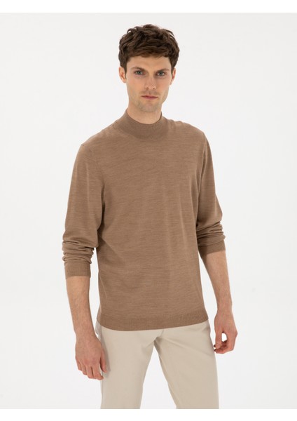 Erkek Camel Slim Fit Yün Karışımlı Yarım Balıkçı Basic Triko Kazak 50315296-VR015