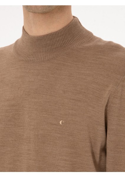 Erkek Camel Slim Fit Yün Karışımlı Yarım Balıkçı Basic Triko Kazak 50315296-VR015