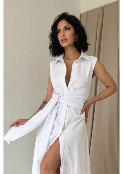 Beyaz Gömlek Yaka Bağlamalı Elbise fiyatları