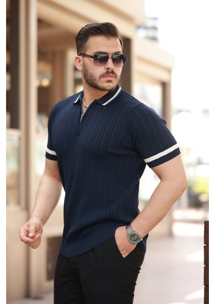 Erkek Yaka ve Kolları Çizgi Detaylı Fermuarlı Kısa Kollu T-Shirt fiyatları