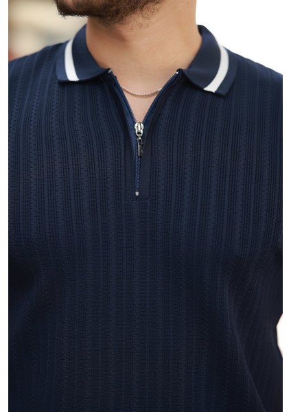 Erkek Yaka ve Kolları Çizgi Detaylı Fermuarlı Kısa Kollu T-Shirt modelleri