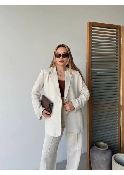 Keten Ceket Pantolon Ikili Takım - Beyaz