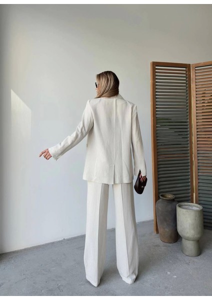 Keten Ceket Pantolon Ikili Takım - Beyaz fiyatları