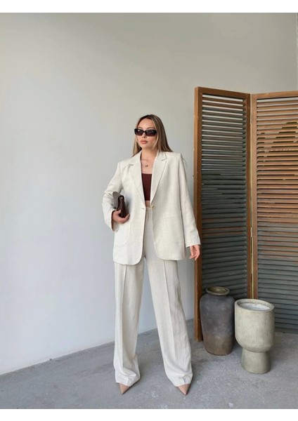 Keten Ceket Pantolon Ikili Takım - Beyaz fırsatları