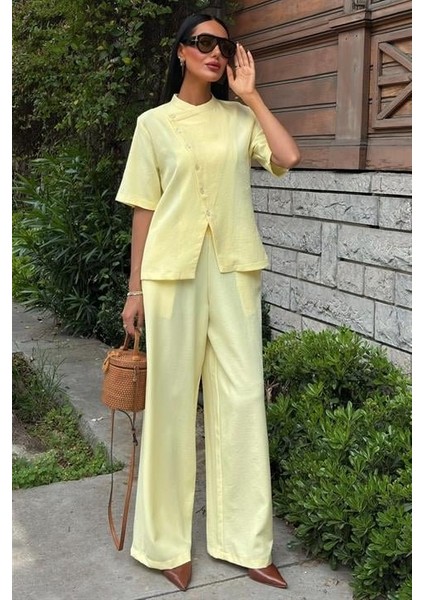Hakim Yaka Çapraz Düğmeli Plazzo Pantolon Viscon Keten Takım 10209