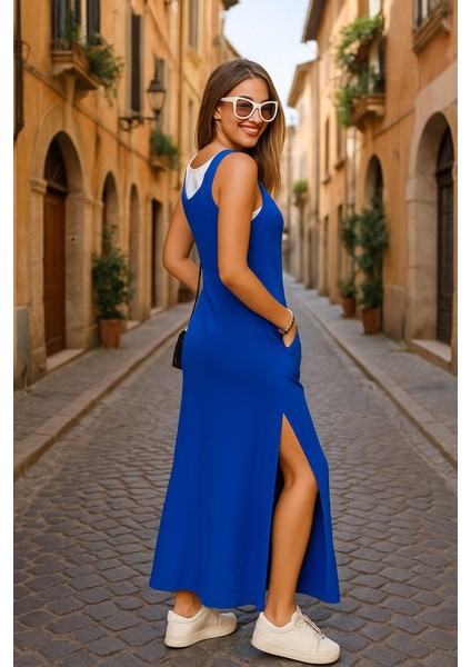 Kadın Yırtmaç Detaylı Viskon Kumaş Maxi Boy Cepli Iç Dahil Ikili Elbise fiyatları