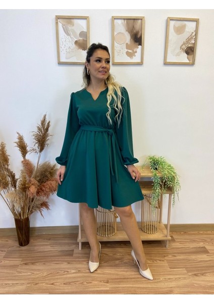 Kadın Uzun Kollu V Yakalı Belden Kuşaklı Kiloş Krep Elbise modelleri