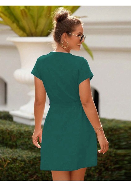 Kadın Kısa Kollu V Yakalı Önden Düğmeli Belden Kuşaklı Cepli Sofya Elbise fırsatları