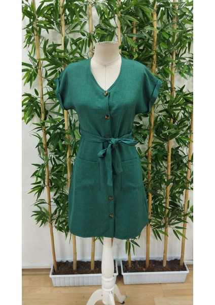 Kadın Kısa Kollu V Yakalı Önden Düğmeli Belden Kuşaklı Cepli Sofya Elbise indirimleri