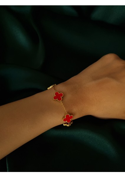 Gold Renk Yonca Model Beşli Paslanmaz Çelik Bileklik modelleri