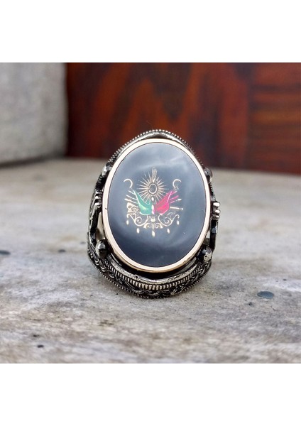 925 Ayar Gümüş Siyah Mineli Osmanlı Devlet Armalı Erkek Yüzük