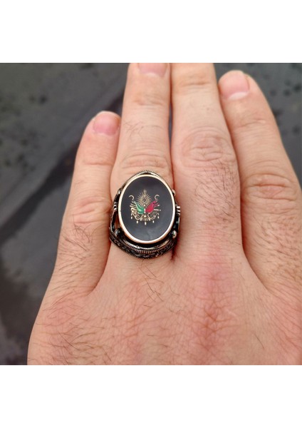 925 Ayar Gümüş Siyah Mineli Osmanlı Devlet Armalı Erkek Yüzük fiyatları