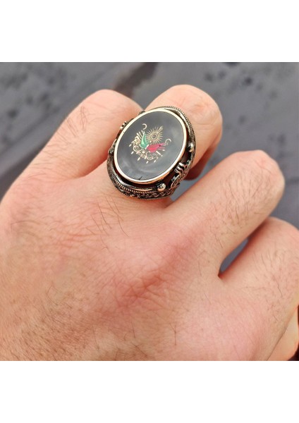 925 Ayar Gümüş Siyah Mineli Osmanlı Devlet Armalı Erkek Yüzük modelleri