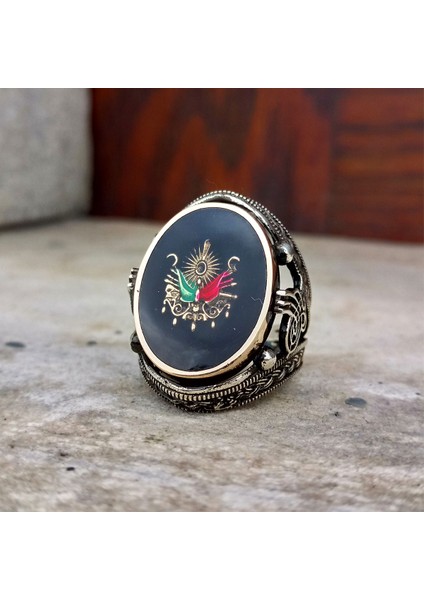 925 Ayar Gümüş Siyah Mineli Osmanlı Devlet Armalı Erkek Yüzük fırsatları