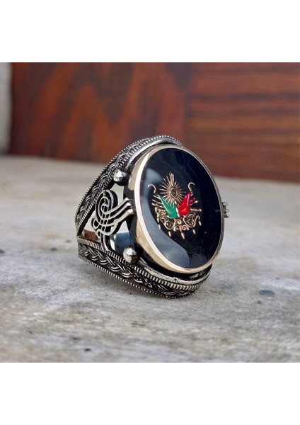 925 Ayar Gümüş Siyah Mineli Osmanlı Devlet Armalı Erkek Yüzük indirimleri