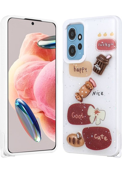 Xiaomi Redmi Note 12 4g Kılıf Parlayan Sıvılı Simli Kabartma Figürlü Omsy Cevze Kapak-Beyaz
